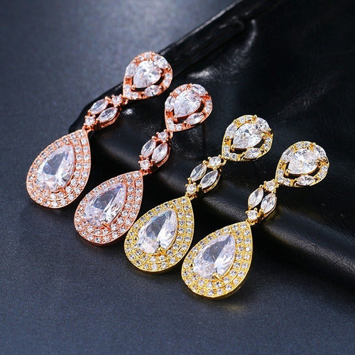 Brinco Noiva Zirconia Dourado Gota Pendurado Festa Debutante