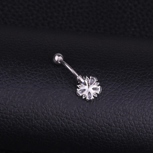 Piercing De Umbigo Prata Flor Zirconia Pequeno Aço 316