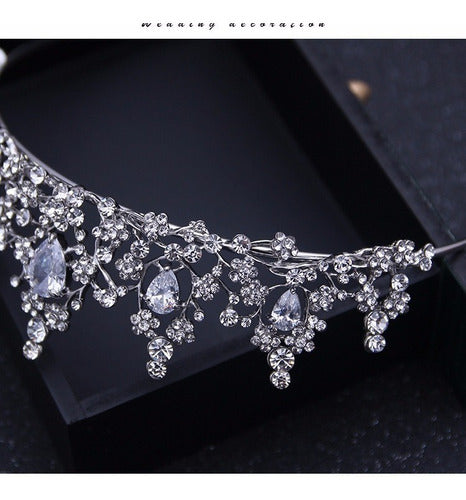Coroa Tiara Arranjo Cabelo Noiva  Zirconia Strass Prata Luxo