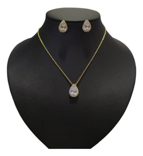 Conjunto Colar Brinco Noiva Pedra Zirconia Prata Dourad Gota