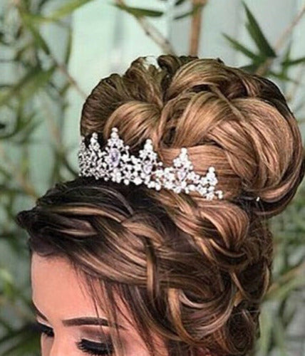 Coroa Tiara Arranjo Cabelo Noiva  Zirconia Strass Prata Luxo