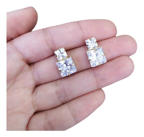 Brinco Zirconia Noiva Dourado Folheado A Ouro 18k Semi Joia Pequeno Quadrado Delicado
