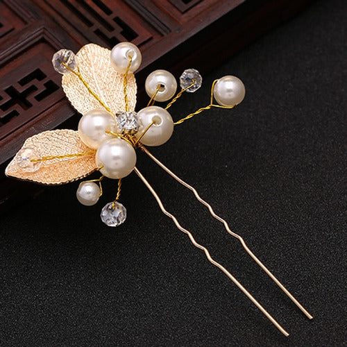 6 Arranjos Enfeite Aplique Dourado Cabelo Noiva Perola Dama