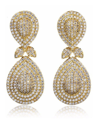 Brinco Noiva Zirconia Dourado Pendurado Festa Debutante Gota