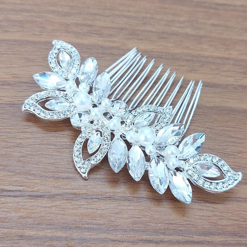 Arranjo Enfeite Cabelo Noiva Prata Strass Perola