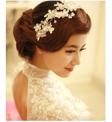 Enfeite Arranjo Tiara Cabelo Noiva Perola Cristal Prata