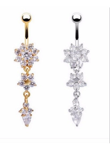 Piercing De Umbigo Pendurado Dourado Ou Prata Flor Zirconia