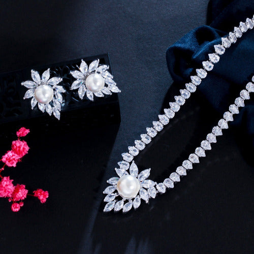 Colar Chocker Riviera Gota E Brinco Zircônia E Pérola Noiva