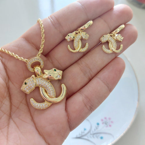 Conjunto Colar Brinco Leopardo Cravejado Dourado Zirconia