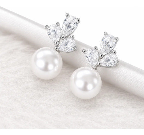 Brinco Zirconia Dama Daminha Banhado Rodio Perola Pequeno Prateado