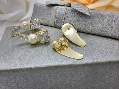 Brinco Ear Cuff Festa Noiva Pedra Zirconia E Perola Dourado