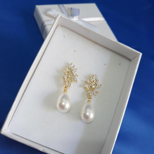 Brinco Pérola E Zirconia Noiva Pequeno Delicado Dourado Gota