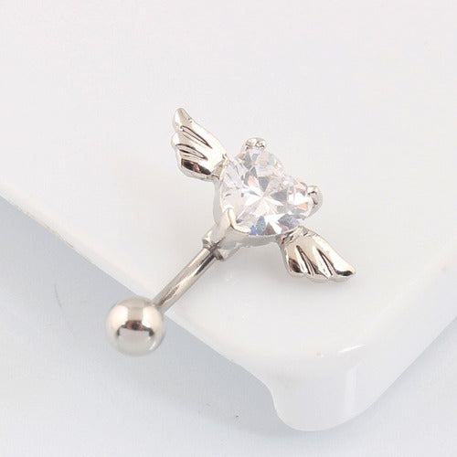 Piercing De Umbigo Invertido Prata Zirconia Coração Rosa Rox