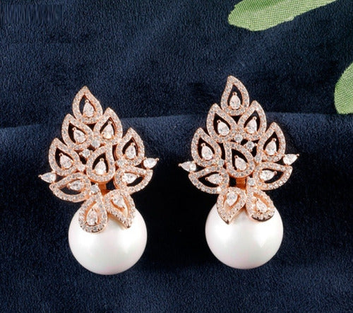 Brinco Noiva Zirconia Perola Pendurado Dourado Rosê Festa