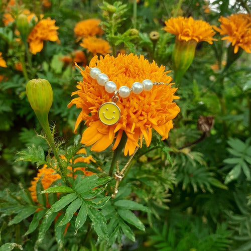 Pulseira Infantil Pingente Smile Pérola Folheada Semi Joia