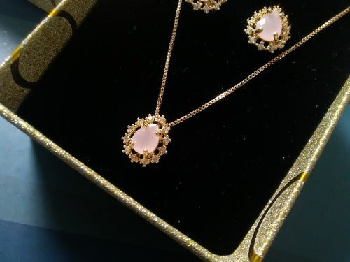 Conjunto Colar E Brinco Gota Pedra Rosê Zirconia F Ouro 18k