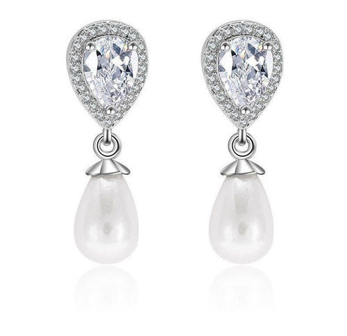 Brinco Noiva Zirconia E Pérola Prata Delicado Luxo