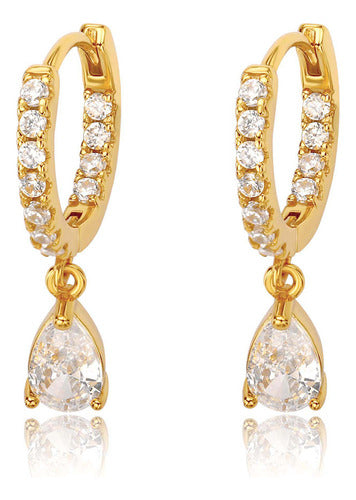 Brinco Argola Com Pedra De Zircônia Gota Folheado Ouro 18k