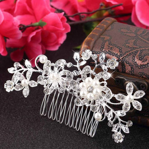 Arranjo Enfeite Cabelo Noiva Prata Strass Perola