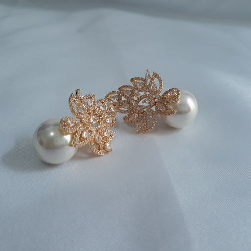 Brinco Noiva Zirconia E Pérola Dourado F Ouro Delicado Luxo