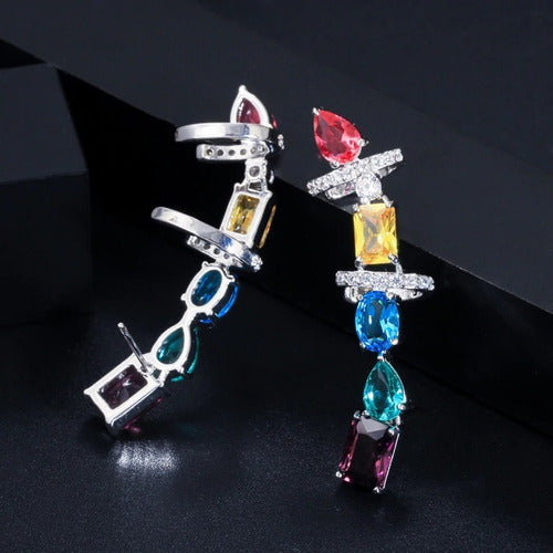 Par De Brinco Ear Cuff Zirconia Colorido Prata Rodio Festa