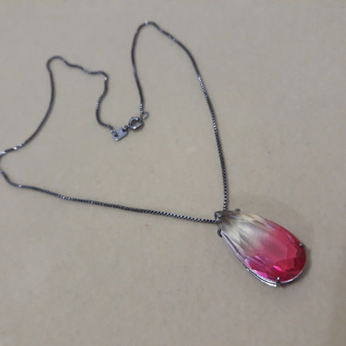 Colar Gota Grande Zirconia Rosa Degradê Rodio Negro Rainbow