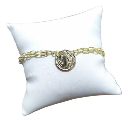 Pulseira Medalha De São Bento Folheada Ouro 18k Fecho Boia