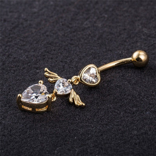 Piercing De Umbigo Dourado Zirconia Coração Pendurado Ouro