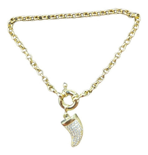 Pulseira Elo Português Dente De Tigre Zirconia Semi Joia
