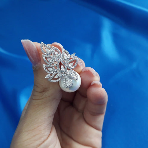 Brinco Noiva Zirconia E Pérola Prata Delicado Luxo