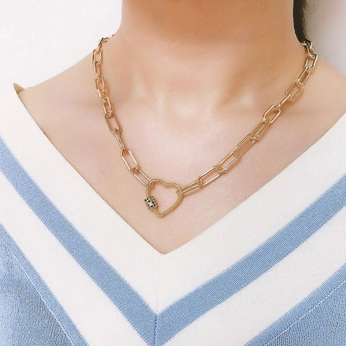 Colar Coração Mosquetão Moda Dourado Pedra Zirconia