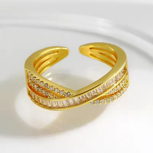 Anel Pedra Zirconia Festa Dourado Ajustável Folheado Luxo