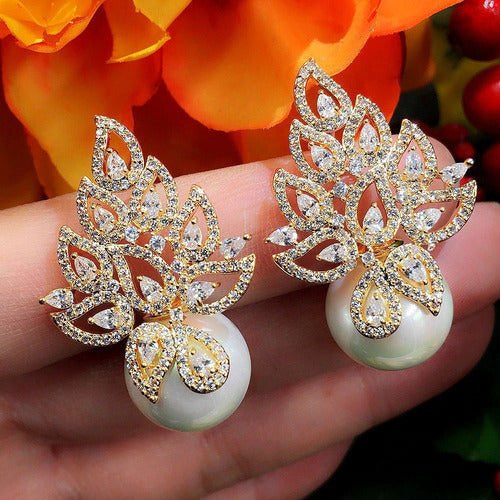 Brinco Noiva Zirconia Perola Pendurado Dourado Rosê Festa