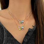 Colar Brinco Borboleta Pedra Zirconia Colorido Banhado Ouro