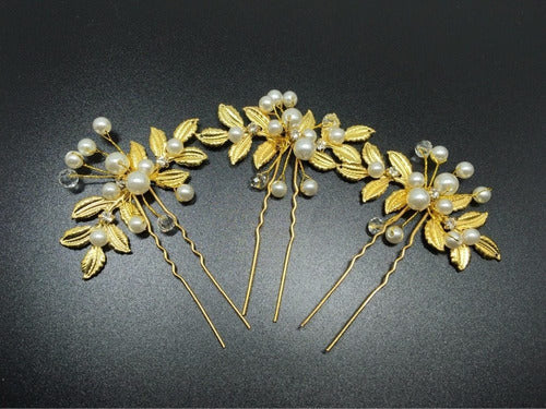 Arranjo Enfeite Dourado Cabelo Noiva Perola Dama Debutante