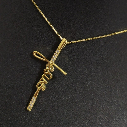 Colar Cruz Crucifixo Jesus Zirconia Dourado F. Ouro 18k
