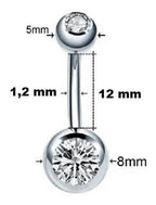 Piercing Umbigo 2 Pedras Aço Cirúrgico Haste De 6 8 10 Mm