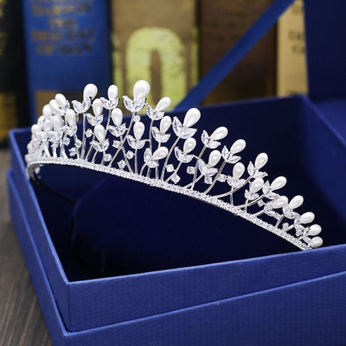 Coroa Tiara Arranjo Cabelo Noiva Prata Zirconia E Perola