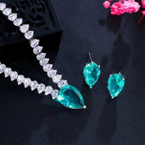 Conjunto Colar Chocker Riviera Gota E Brinco Zircônia Verde