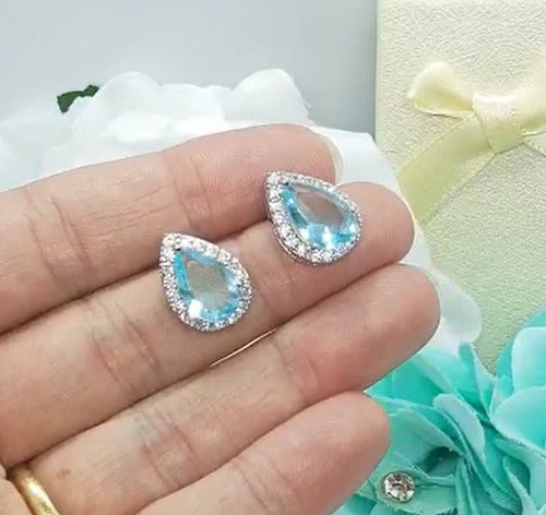 Brinco Pedra Zirconia Prata Gota Debutante Azul Claro Festa