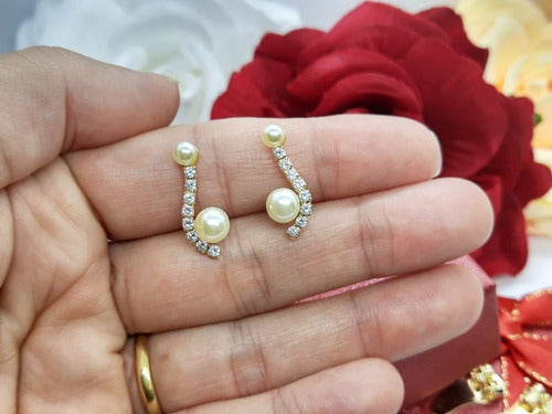 Brinco Ear Cuff Noiva Pedra Zirconia E Perola Dourado Festa