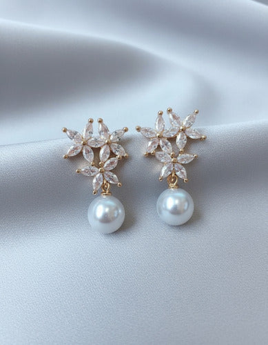 Brinco Noiva Zirconia Pérola  Dourado Pequeno Luxo