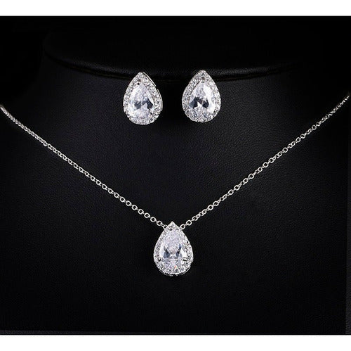 Conjunto Colar Brinco Noiva Pedra Zirconia Prata Dourad Gota
