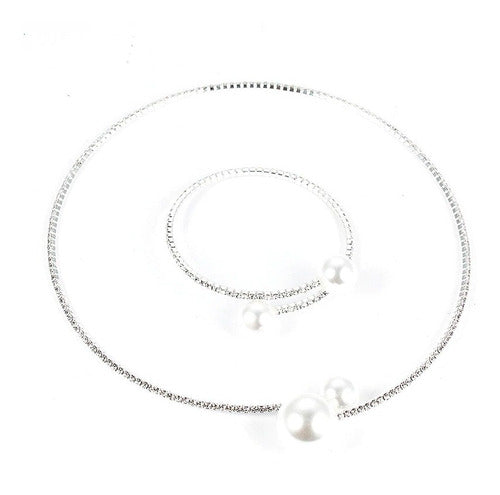 Colar Chocker E Pulseira Riviera Strass Pérola Noiva Festa