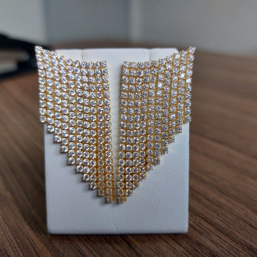 Brinco Ear Cuff Franja Noiva Pedra Zirconia Dourado Festa