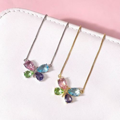Colar Brinco Borboleta Pedra Zirconia Colorido Banhado Ouro