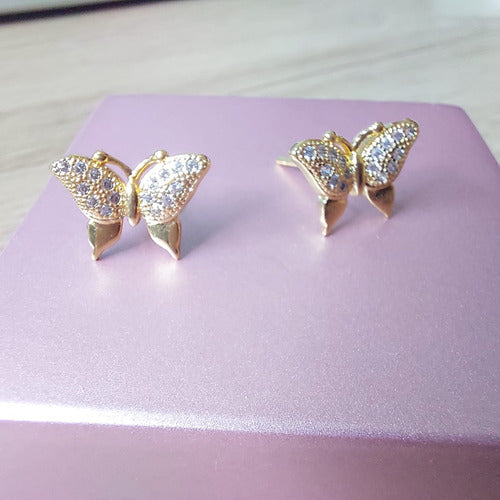 Brinco Pedra Zirconia Dourado Banhado A Ouro Borboleta