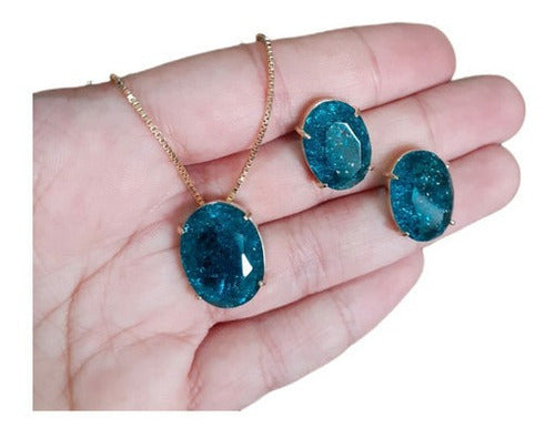 Conjunto Colar E Brinco Zirconia Fusion Tiffan Oval Verde