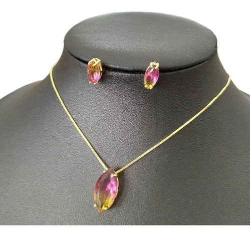 Conjunto Colar E Brinco Navete Degradê Pedra Zirconia Rosa