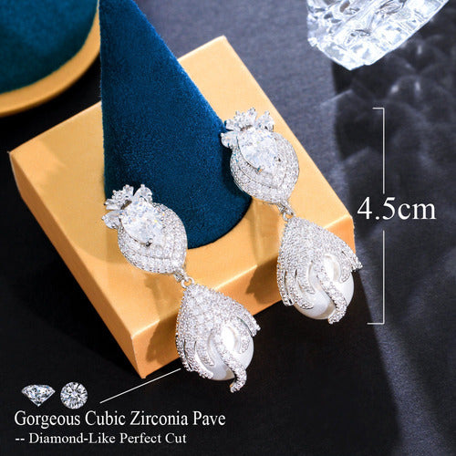 Brinco Noiva Zirconia Pérola Prata Delicado Luxo Grande Gota